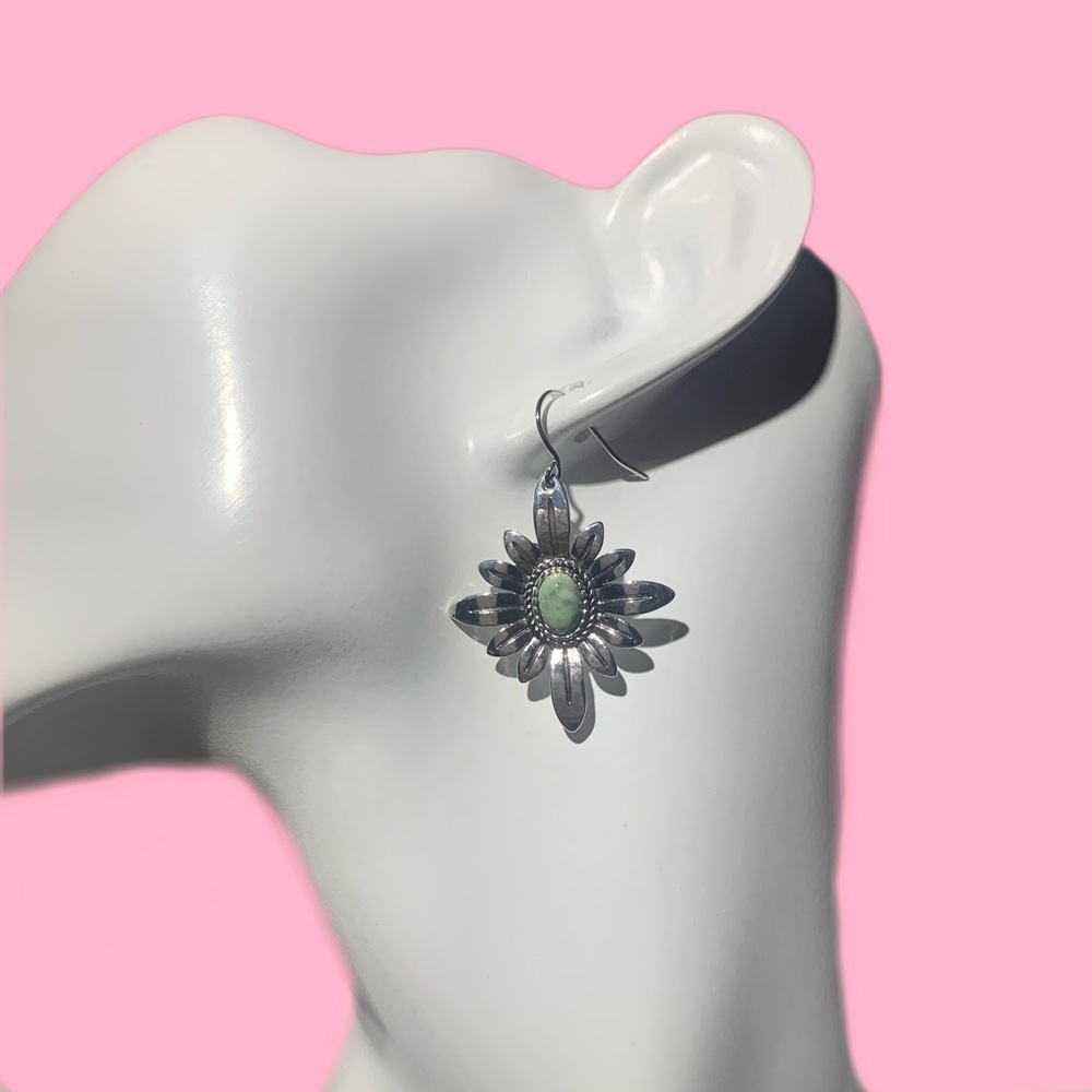 Silver and Green Flower Earrings